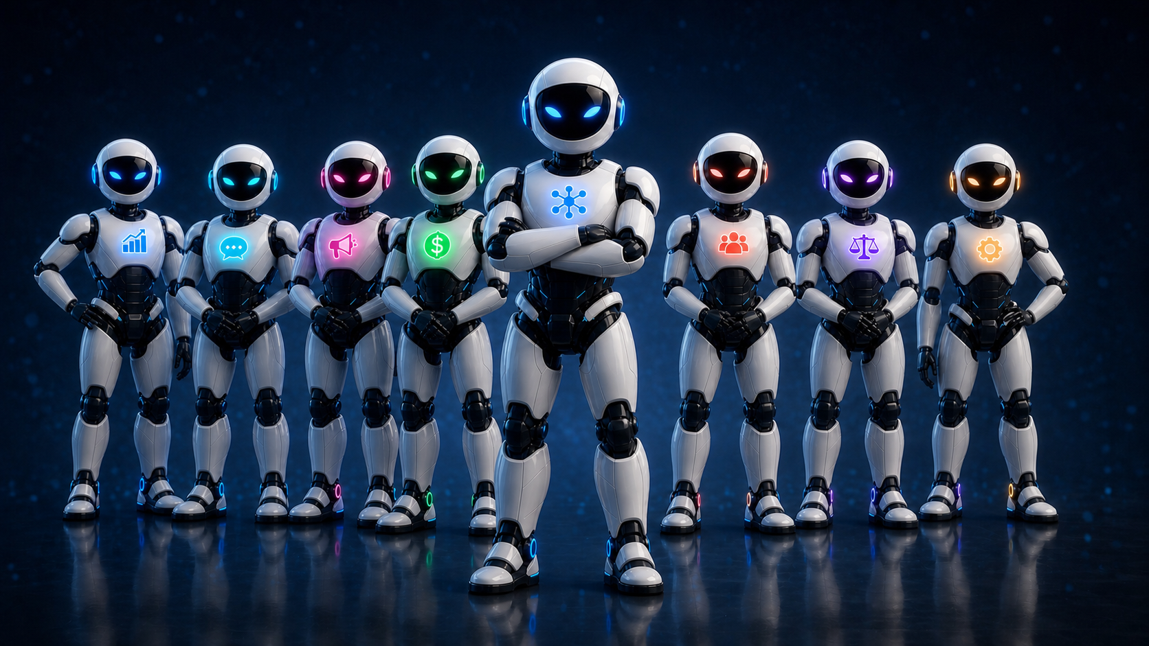 ROBOTIX IA Gerente à frente de sete profissionais digitais de corpo inteiro, diferenciados por cores, símbolos e expressões dos departamentos Comercial, Atendimento, Marketing, Financeiro, Recursos Humanos, Jurídico e Operações